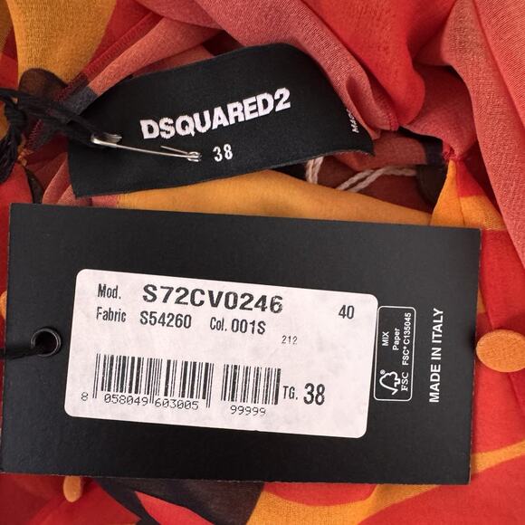 Dsquared2 Camouflage Print Bow Neck Sheer Dress Red Orange Size 38 US 2 - Picture 10 of 12